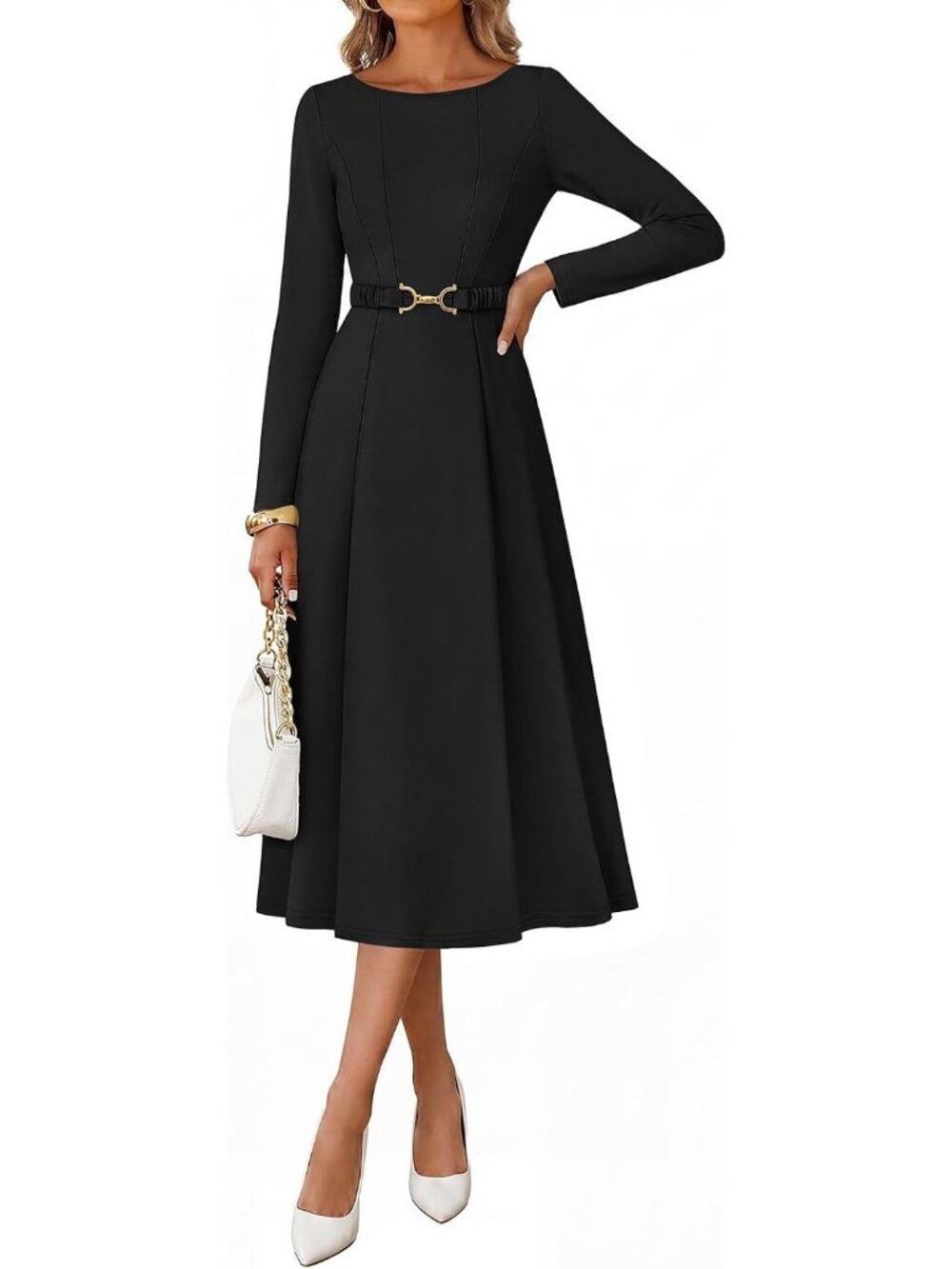Women's Black Fall Long Sleeve Boat Neck Semi Formal Midi Dresses with Pockets